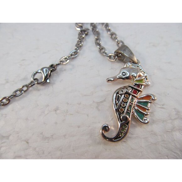 Silver Tone Enamel Seahorse Pendant Necklace - Picture 4 of 12